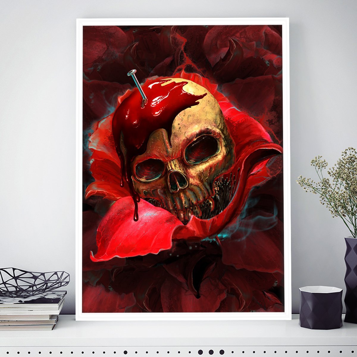 Skull In Red Bordered Frame Wall-Art Black