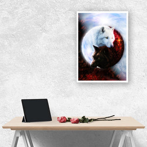 Yin Yang Fire Ice Wolves Bordered Frame Wall-Art Small / White Black