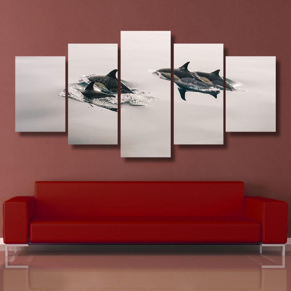 Black & White Dolphin 5 Piece Canvas Small / No Frame Wall