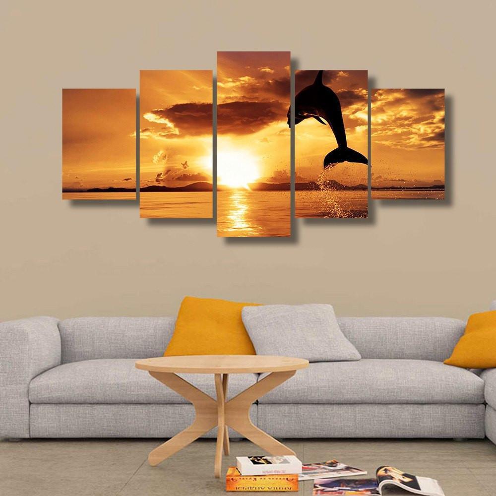 Sunset Swimming Dolphin 5 Piece Canvas Small / No Frame Wall